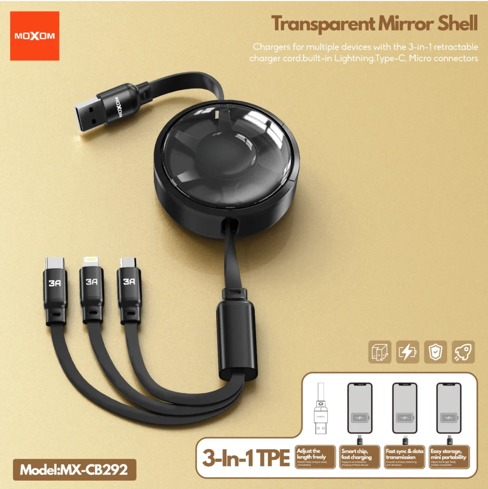 Câble de Charge 3-en-1 MOXOM MX-CB292 – Design Rétractable et Charge Multiple — image 10