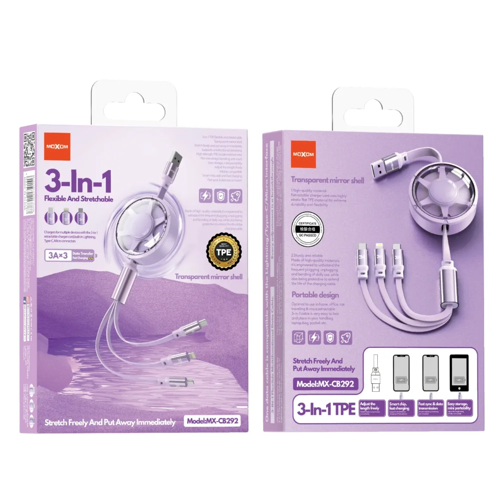 Câble de Charge 3-en-1 MOXOM MX-CB292 – Design Rétractable et Charge Multiple — image 3