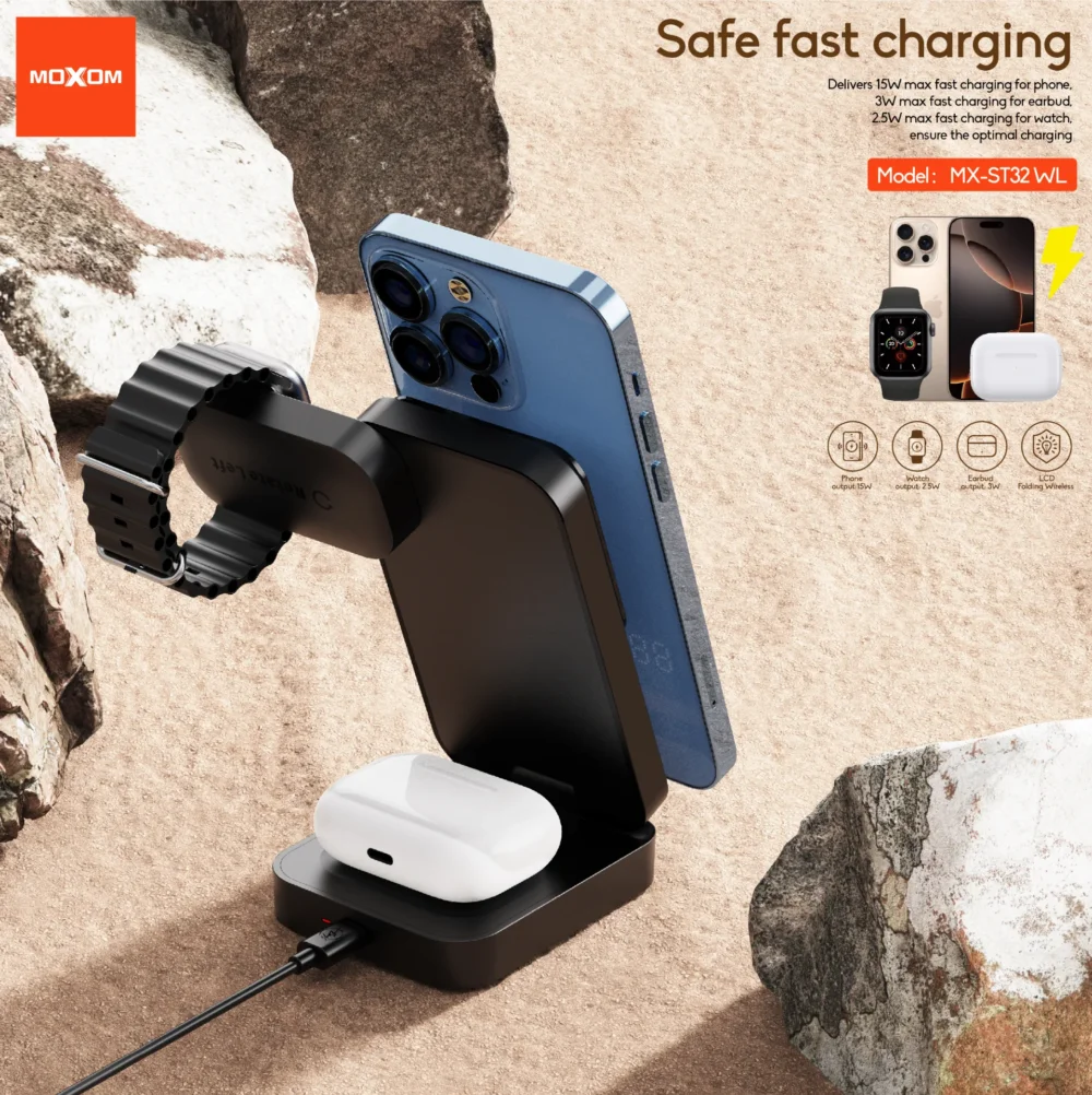 Charge Magnétique 3-en-1 MOXOM MX-ST32 WL – 15W pour Smartphone, 2,5W pour Montre & 3W pour Écouteurs — image 6