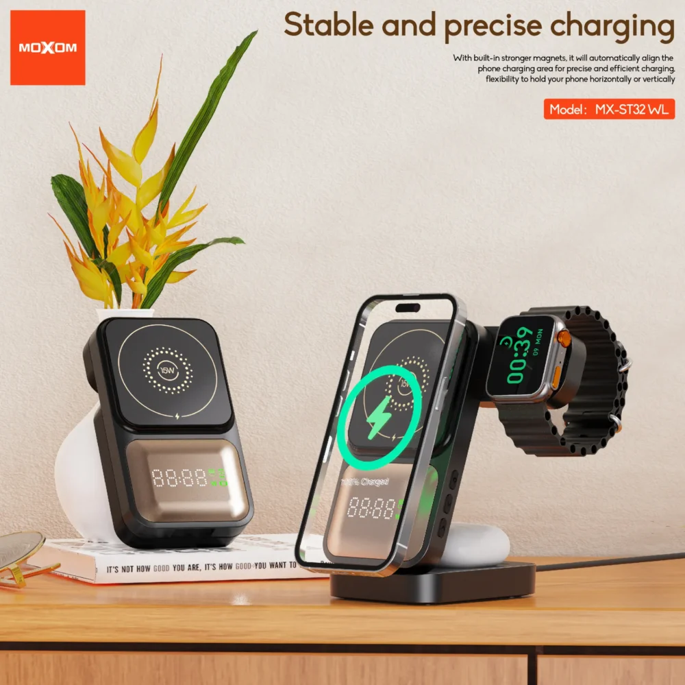 Charge Magnétique 3-en-1 MOXOM MX-ST32 WL – 15W pour Smartphone, 2,5W pour Montre & 3W pour Écouteurs — image 7