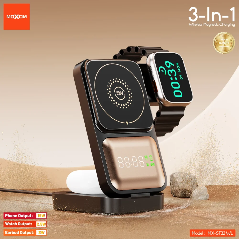 Charge Magnétique 3-en-1 MOXOM MX-ST32 WL – 15W pour Smartphone, 2,5W pour Montre & 3W pour Écouteurs — image 9