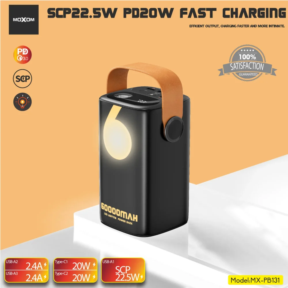 MOXOM MX-PB131 Power Bank 60000mAh avec Lampe LED, Affichage LCD Numérique et Charge Rapide PD 20W / SCP 22.5W — image 5
