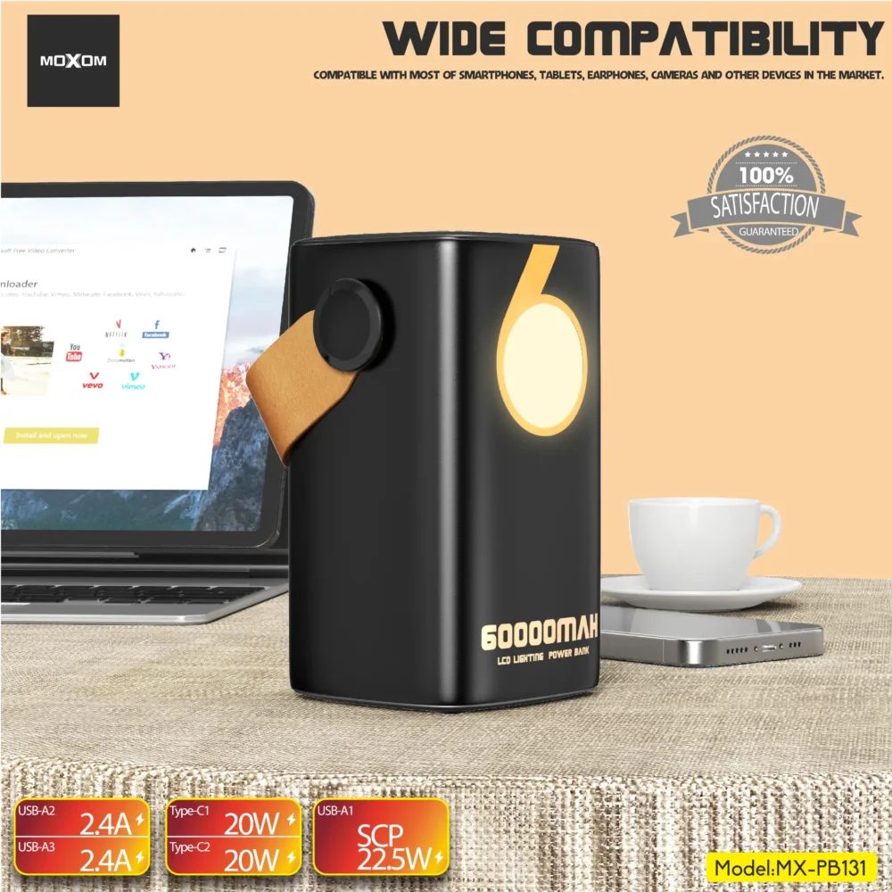 MOXOM MX-PB131 Power Bank 60000mAh avec Lampe LED, Affichage LCD Numérique et Charge Rapide PD 20W / SCP 22.5W — image 7
