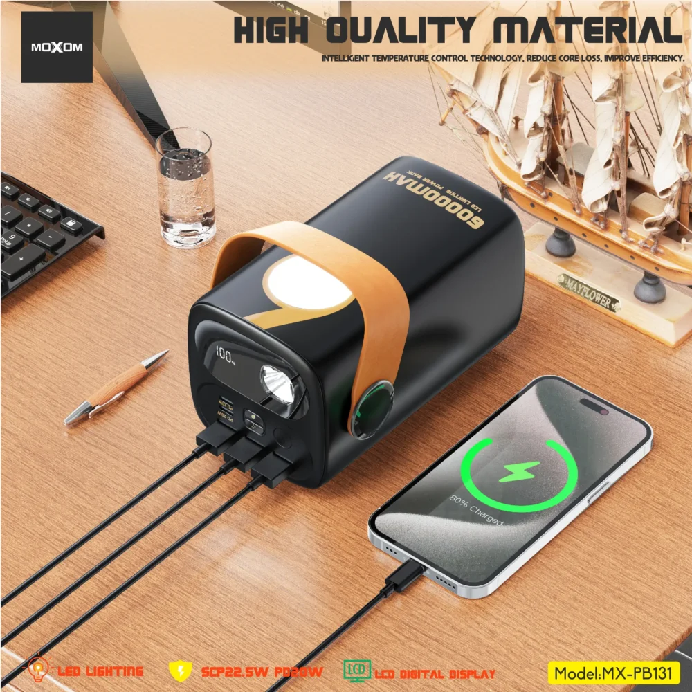 MOXOM MX-PB131 Power Bank 60000mAh avec Lampe LED, Affichage LCD Numérique et Charge Rapide PD 20W / SCP 22.5W — image 8