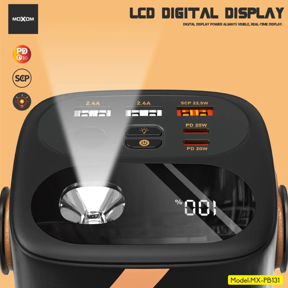 MOXOM MX-PB131 Power Bank 60000mAh avec Lampe LED, Affichage LCD Numérique et Charge Rapide PD 20W / SCP 22.5W — image 9