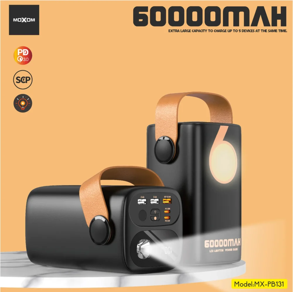 MOXOM MX-PB131 Power Bank 60000mAh avec Lampe LED, Affichage LCD Numérique et Charge Rapide PD 20W / SCP 22.5W — image 4
