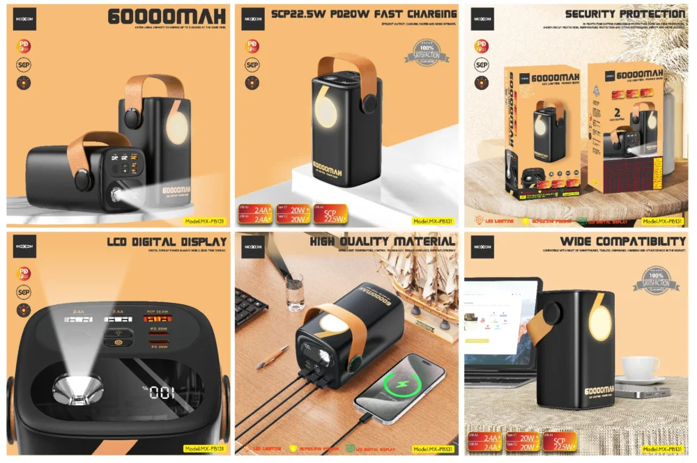 MOXOM MX-PB131 Power Bank 60000mAh avec Lampe LED, Affichage LCD Numérique et Charge Rapide PD 20W / SCP 22.5W — image 3