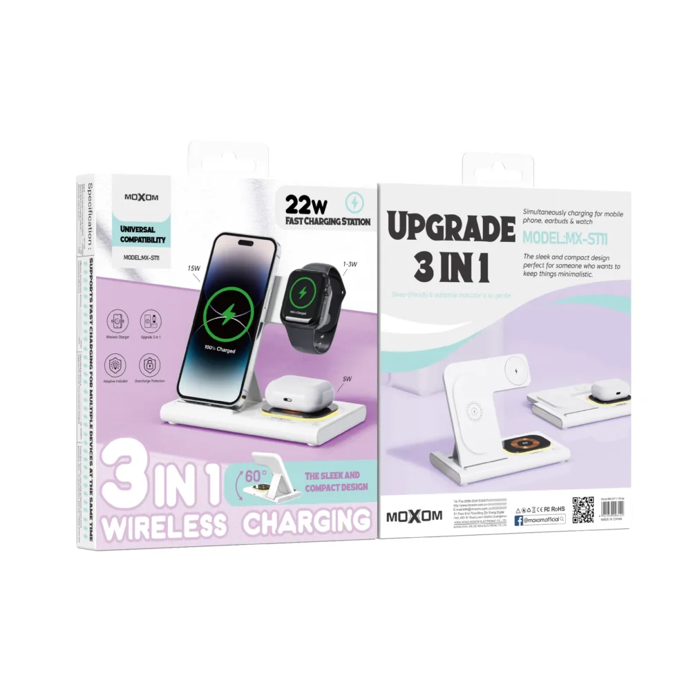 Charge Sans Fil 3-en-1 MOXOM MX-ST11 – Charge Rapide 22W pour Smartphone, Montre & Écouteurs — image 7
