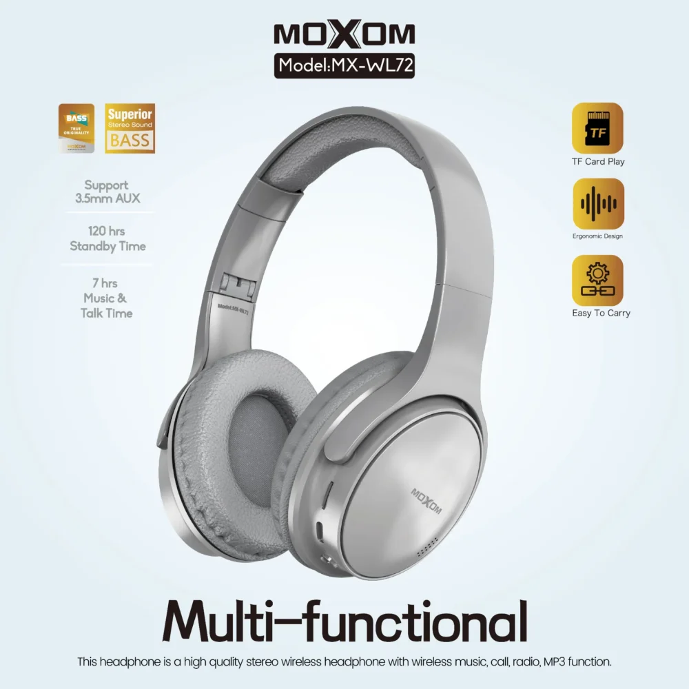 MOXOM MX-WL72 Casque Bluetooth Sans Fil – Hi-Fi Stereo, AUX 3.5mm, TF Card & Confort Premium — image 6