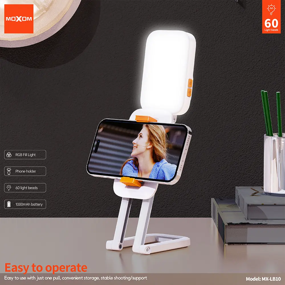 MOXOM MX-LB10 RGB Fill Light Holder – Support Téléphone Pliable avec Éclairage LED Rechargeable pour Selfie, Streaming et Création de Contenu — image 7