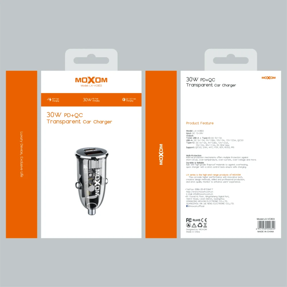 MOXOM LX-VC803 – Chargeur de voiture transparent 30 W avec charge rapide PD + QC — image 5