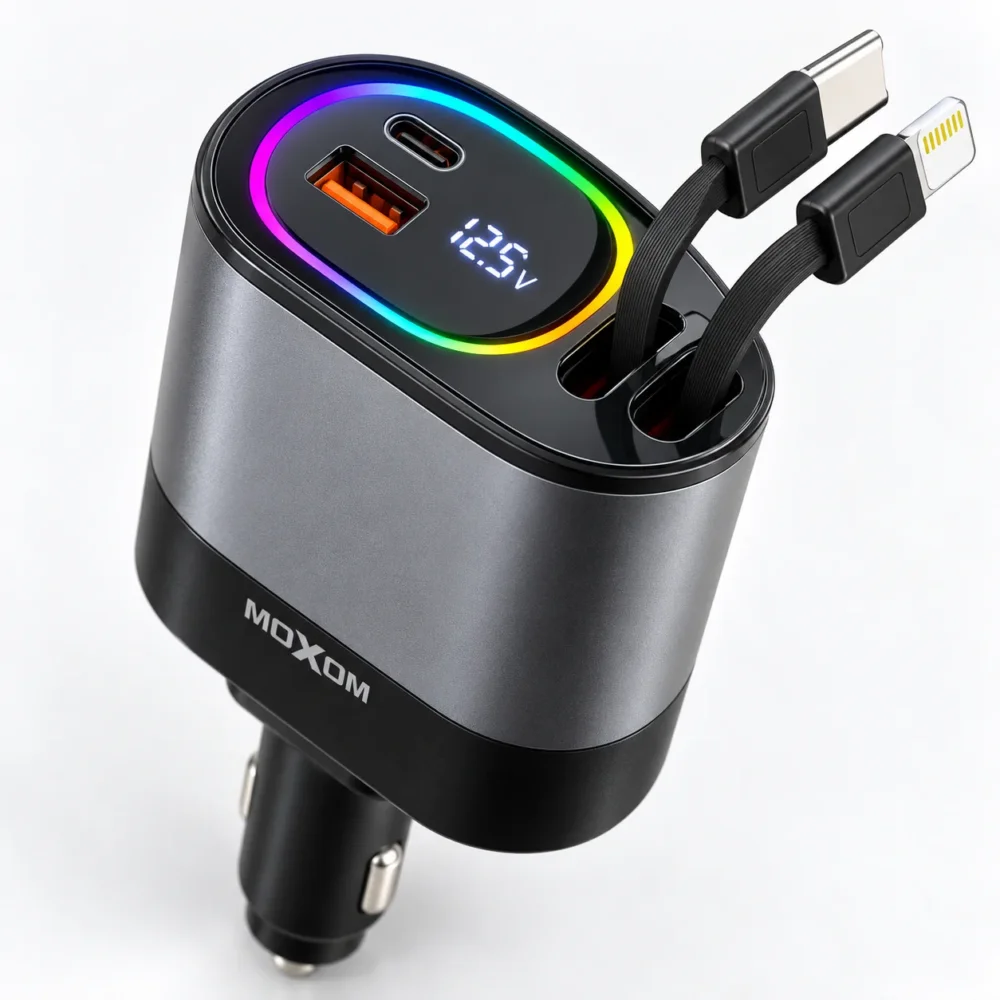 MOXOM MX-VC46 – Chargeur de voiture 4-en-1 avec câbles rétractables et écran LCD — image 4
