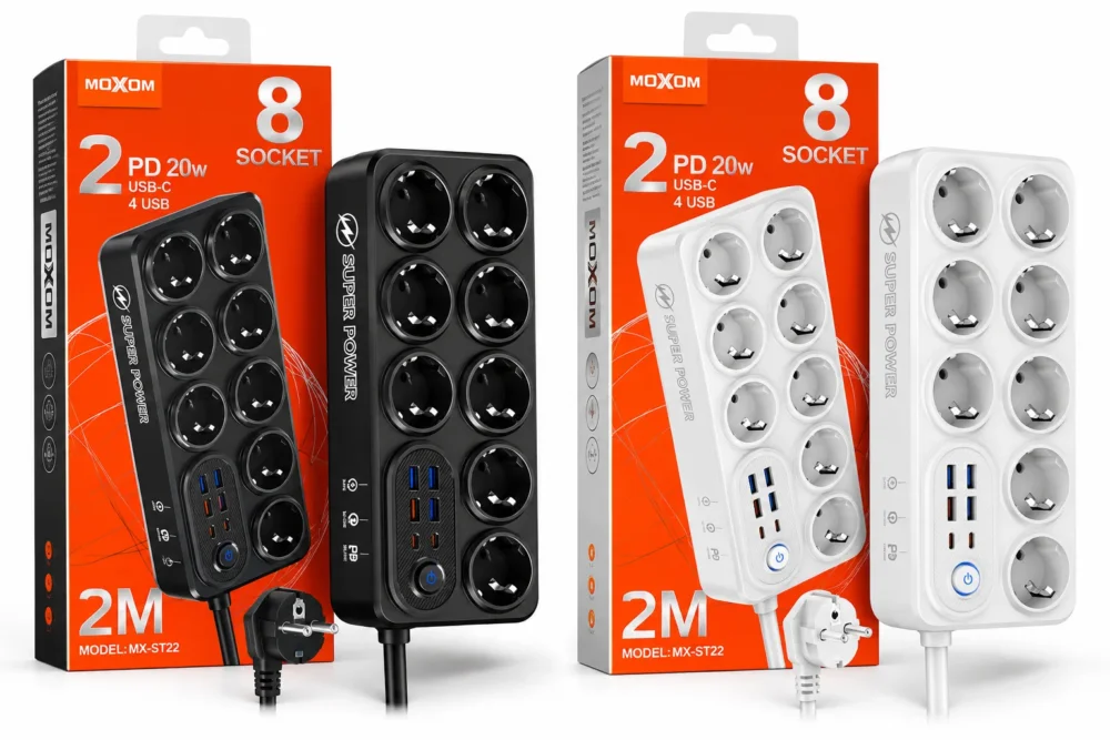 MOXOM MX-ST22 – Multiprise 8 prises avec ports USB et USB-C, câble 2 m, 20 W PD