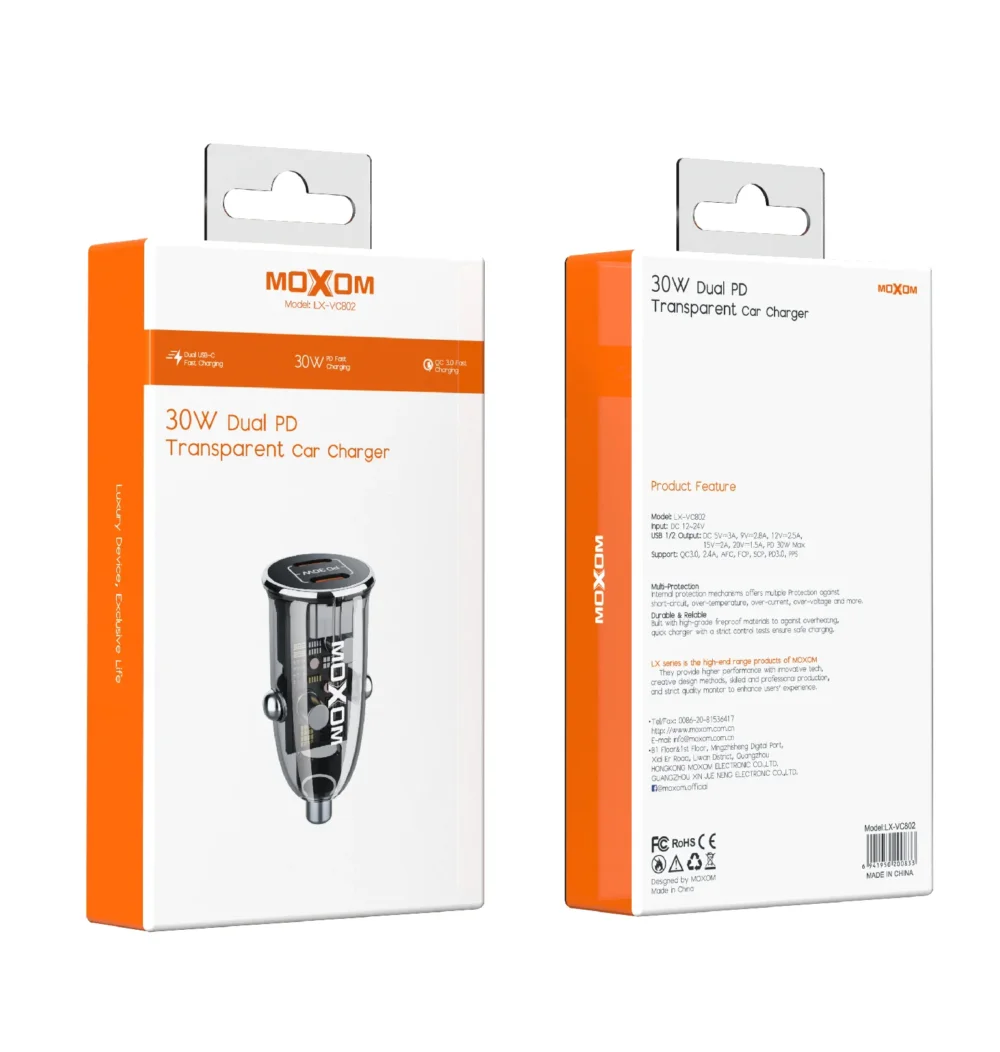 Chargeur de voiture MOXOM LX-VC802 – 30 W, double USB-C et charge rapide — image 6