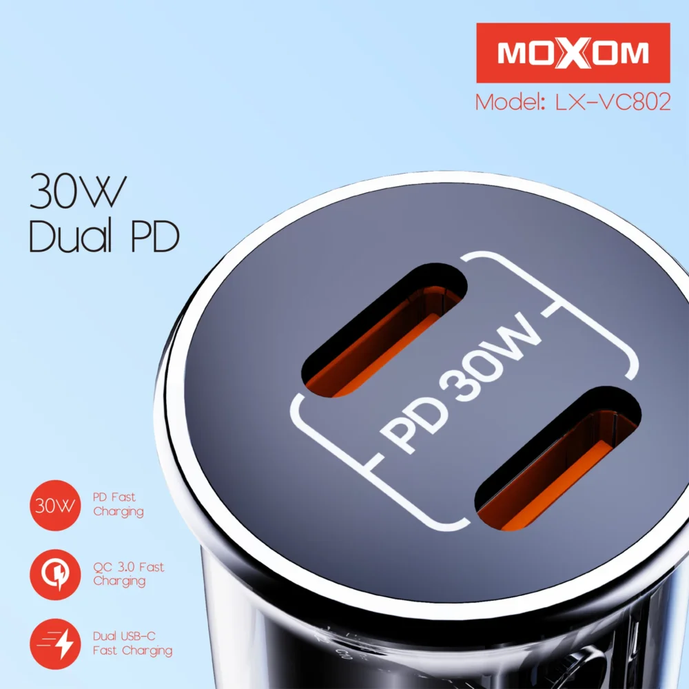 Chargeur de voiture MOXOM LX-VC802 – 30 W, double USB-C et charge rapide — image 3