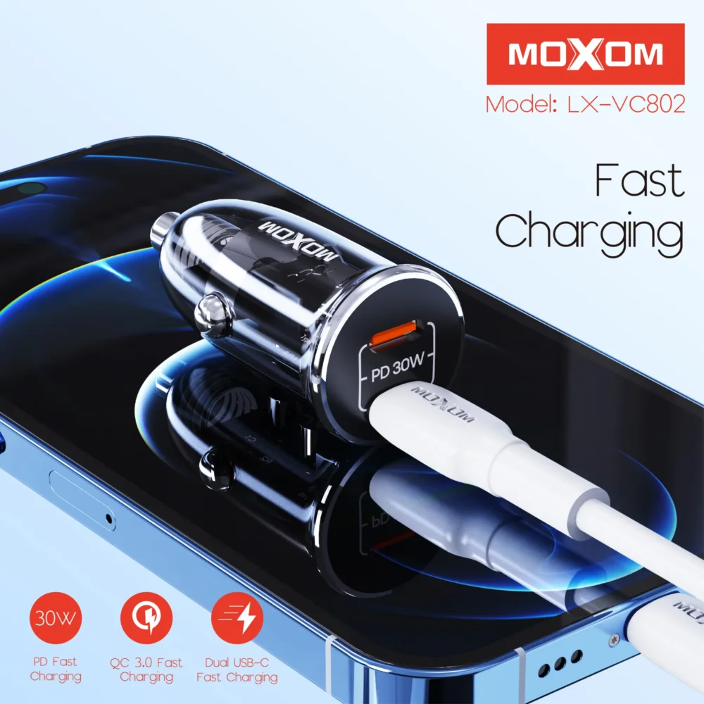 Chargeur de voiture MOXOM LX-VC802 – 30 W, double USB-C et charge rapide — image 4