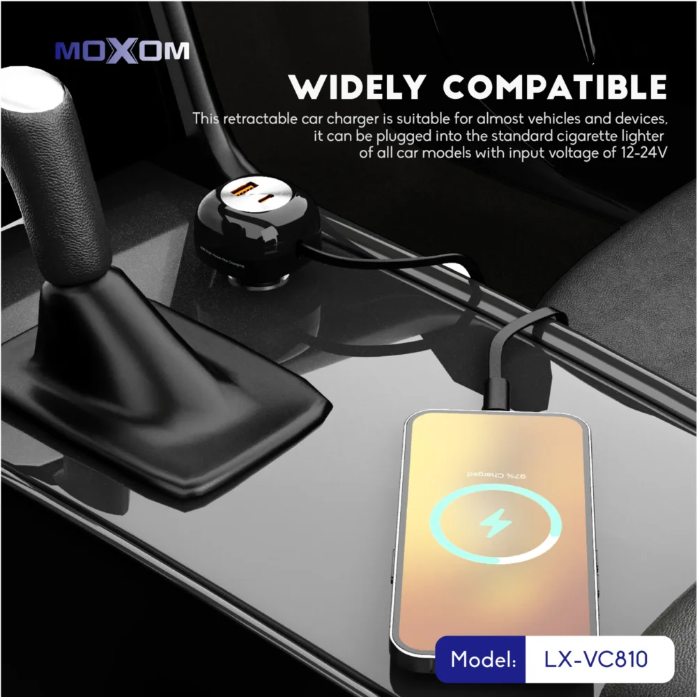 MOXOM LX-VC810 – Chargeur de voiture 60 W avec câble USB-C rétractable — image 4